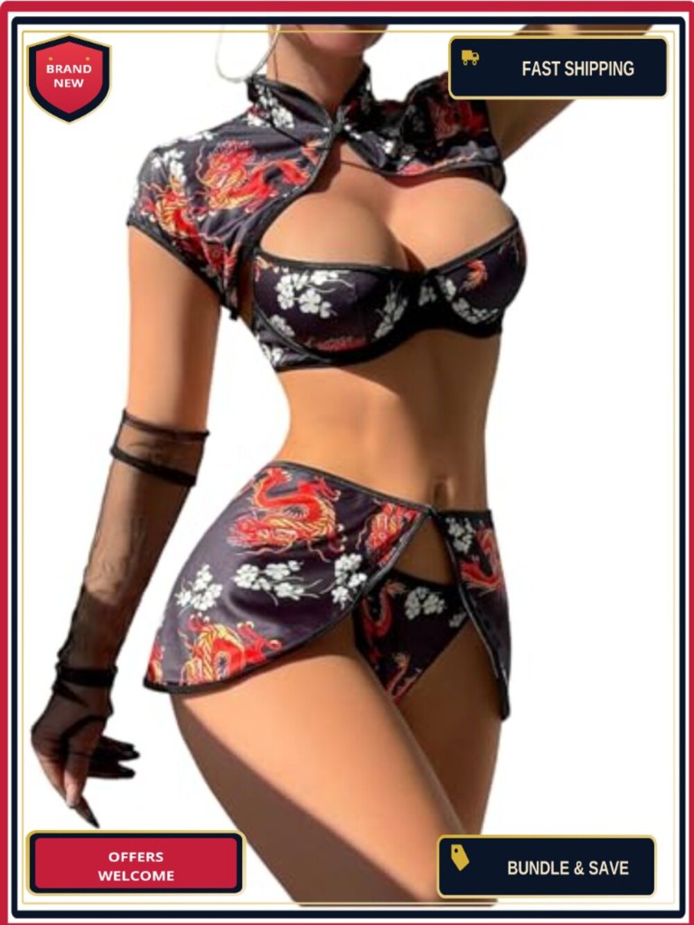 SOLY HUX Women's 4 Piece Anime Cosplay Lingerie Set Qipao Outfit